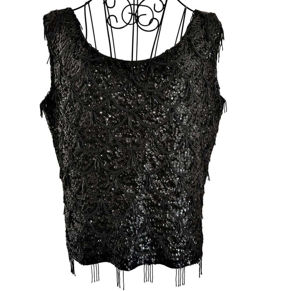 Vintage 60's Kenzar Hong Kong Sequined Beaded Fringe Top Scalloped Glam Goth